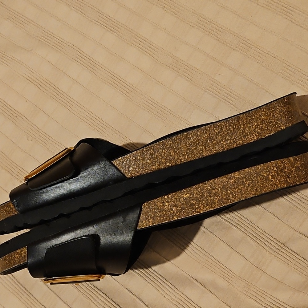 Stockholm Design Group Genuine Leather Black Big Buckle Cork Bed Sandals Size 39 - Picture 9 of 14